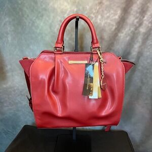 Donna Karan New York Red Leather Suede Satchel Handbag Gold Charm